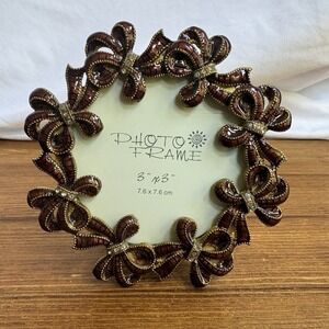 Pebbles Burgundy Ribbon Bow Rhinestone 3x3 Picture Frame Gold Tone Tabletop